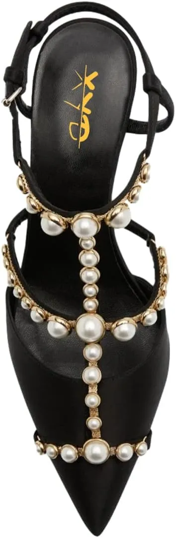 XYD Women Strappy Pumps Pearls Ornaments Pointed Toe Mid Heel Sandals Slingback Bridal Wedding Evening Dress Shoes