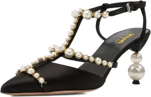XYD Women Strappy Pumps Pearls Ornaments Pointed Toe Mid Heel Sandals Slingback Bridal Wedding Evening Dress Shoes