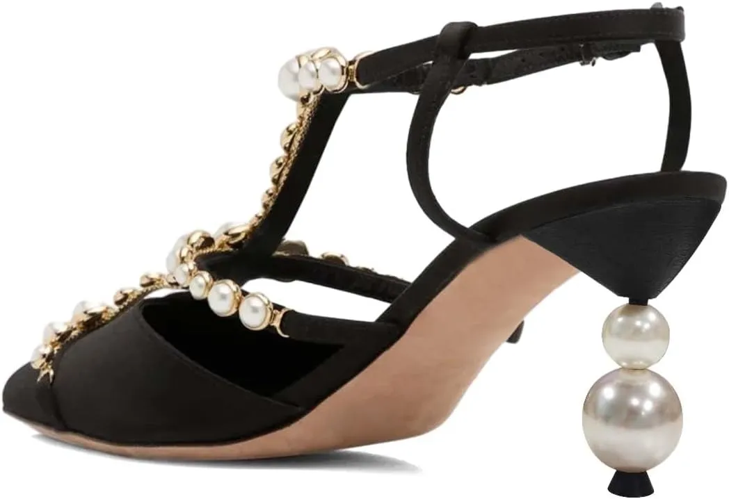 XYD Women Strappy Pumps Pearls Ornaments Pointed Toe Mid Heel Sandals Slingback Bridal Wedding Evening Dress Shoes