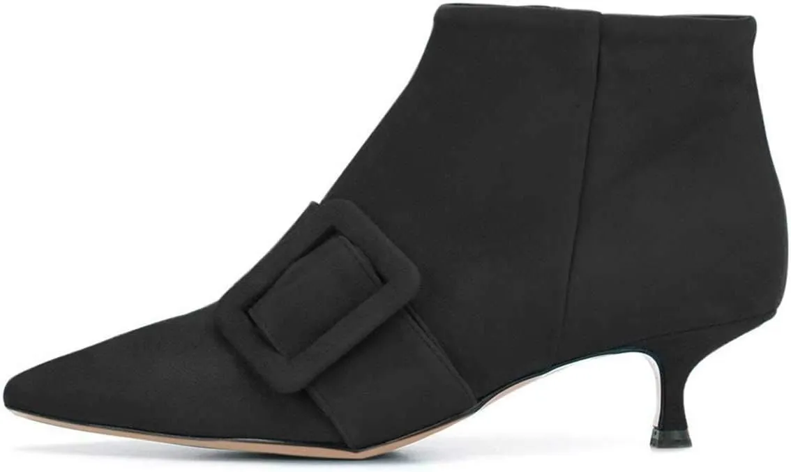 XYD Women's Kitten Low Heel Ankle Boots Pointed Toe Side Zip Short Bootie Buckle Strap Office Event Casual Fall Winter Shoes