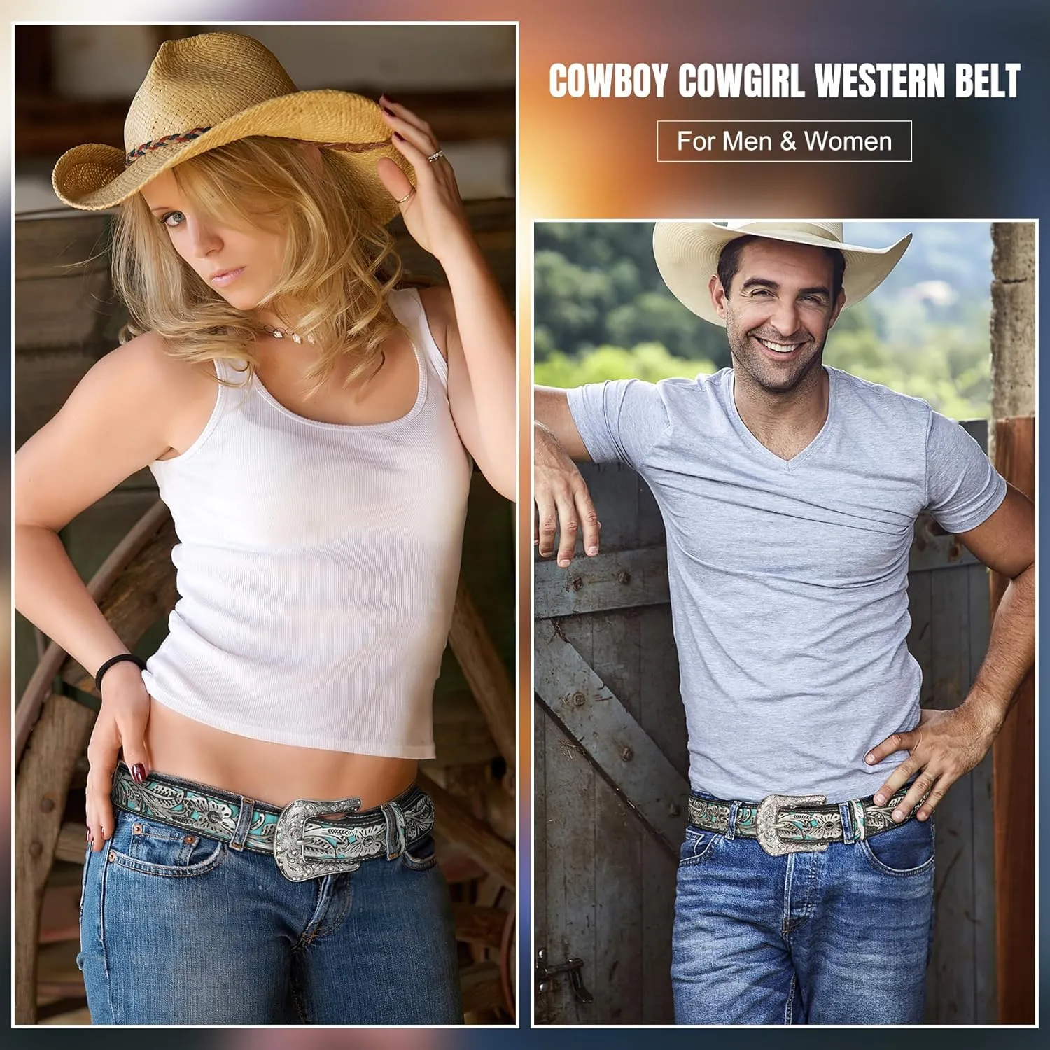 XZQTIVE Women Men Genuine Leather Belt Vintage Ladies Western Belt Engraved Tooled Leather Belt Cowboy Cowgirl Country Belt