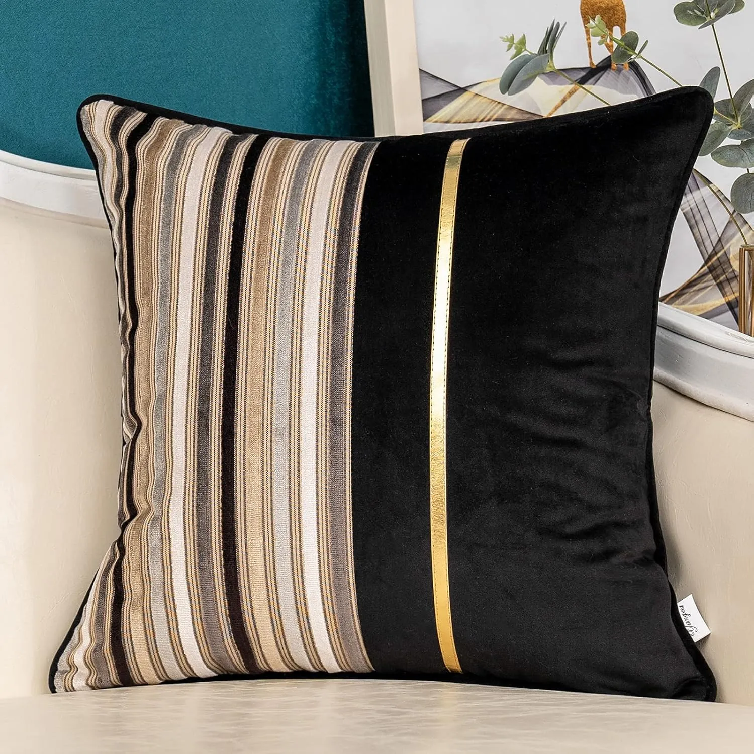 Yangest Black Striped Patchwork Throw Pillow Cover Gold Leather Cushion Cover Zippered Pillowcase for Sofa Couch Bedroom Living Room Home Decoration,18x18 Inch