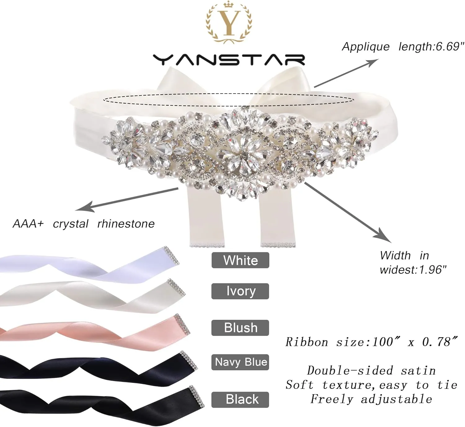 yanstar Rhinestone Bridal Belt Wedding Sash Belt Handmade Crystal Beads Wedding Dress Belt