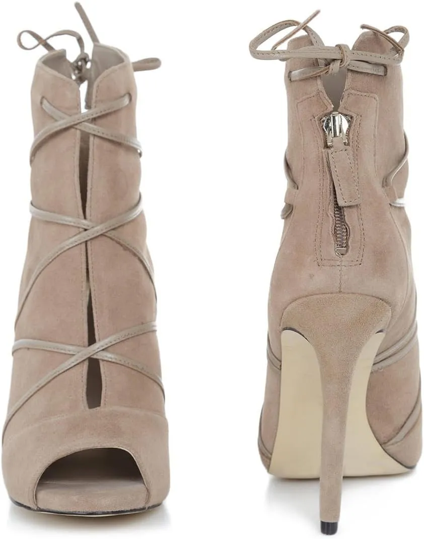 YDN Women Peep Toe Faux Suede Ankle Booties Platform Stiletto High Heels Lace Up Cutout Comfort Shoes 4-15