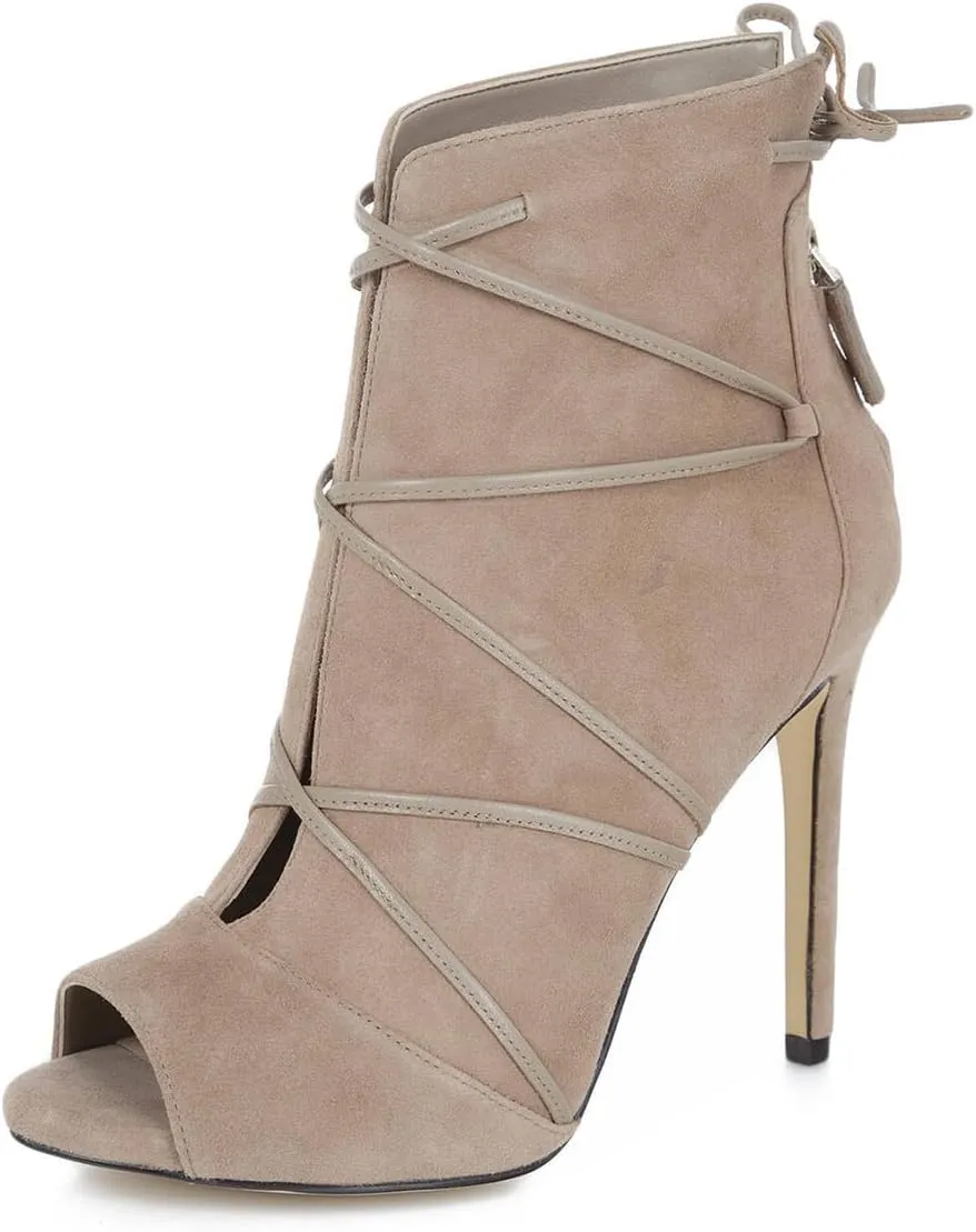 YDN Women Peep Toe Faux Suede Ankle Booties Platform Stiletto High Heels Lace Up Cutout Comfort Shoes 4-15