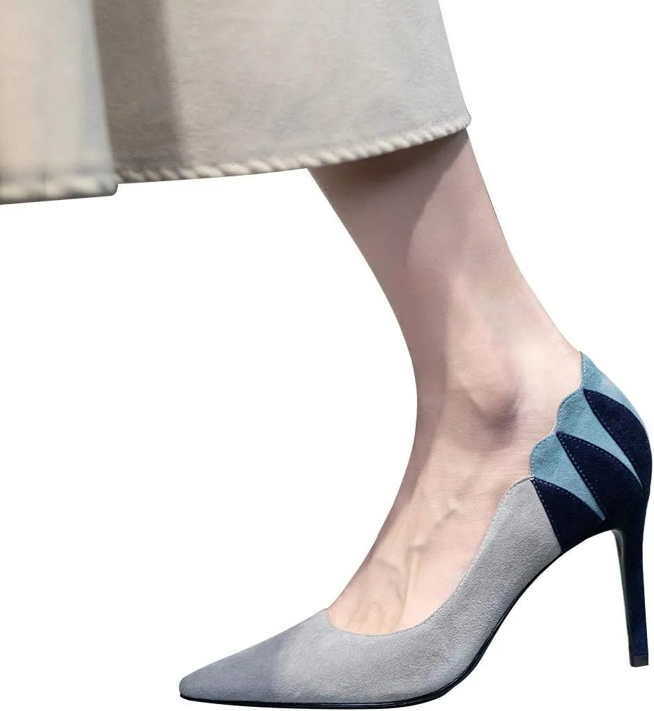 YDN Women Suede Pointed Toe Pumps Mid Heel Stilettos Leaf Print Patchwork Slip On Party Dress Shoes 4-15 US