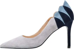 YDN Women Suede Pointed Toe Pumps Mid Heel Stilettos Leaf Print Patchwork Slip On Party Dress Shoes 4-15 US