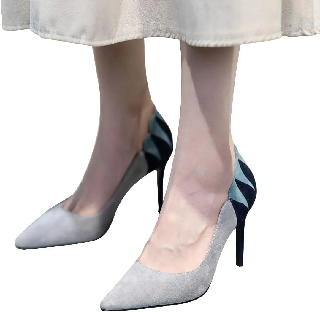 YDN Women Suede Pointed Toe Pumps Mid Heel Stilettos Leaf Print Patchwork Slip On Party Dress Shoes 4-15 US