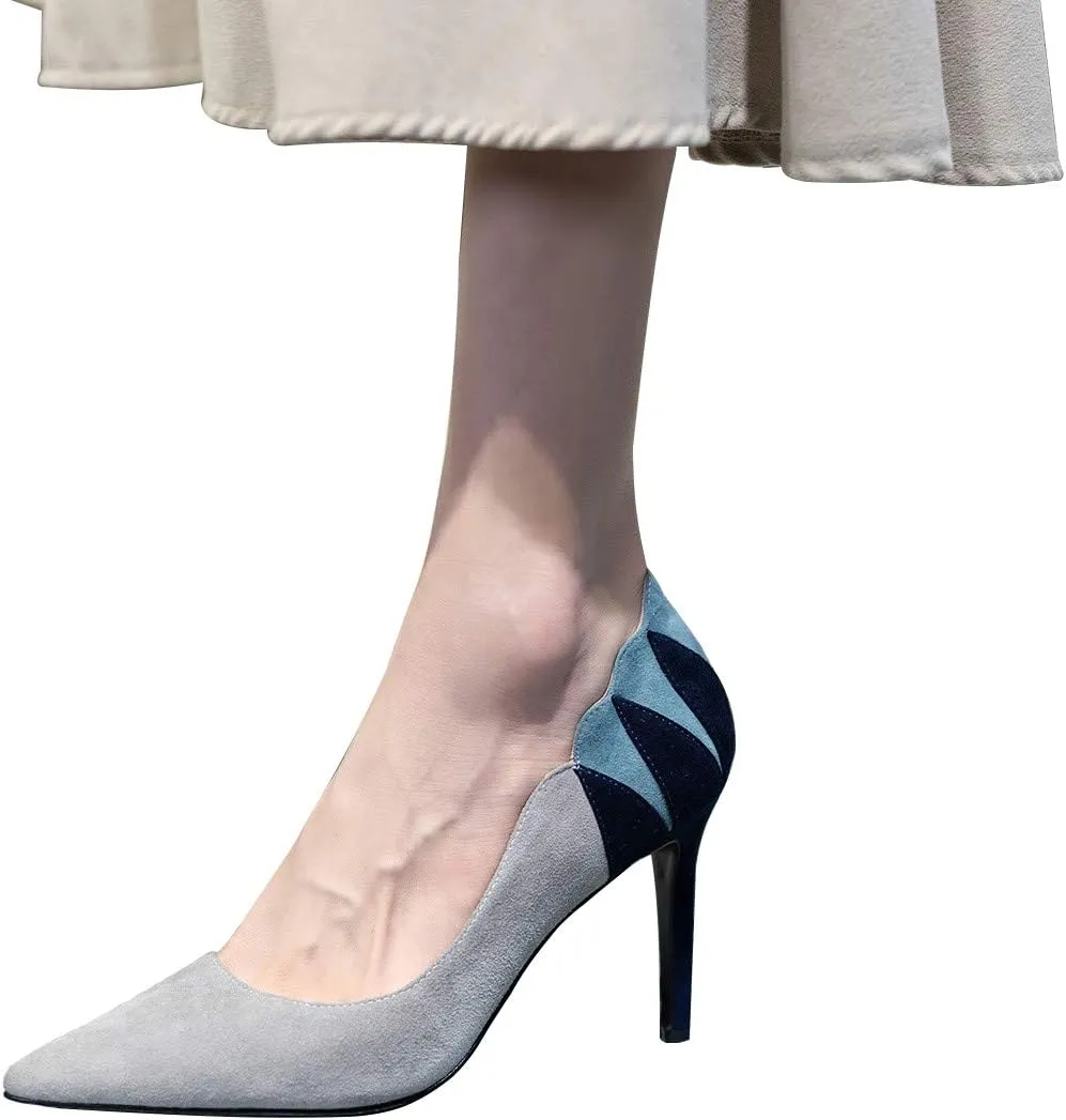 YDN Women Suede Pointed Toe Pumps Mid Heel Stilettos Leaf Print Patchwork Slip On Party Dress Shoes 4-15 US