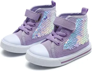YIBLBOX Kids Sneakers for Boys and Girls Toddler Canvas High Top Walking Causal Shoes with Sparkle Color Change Flipping Sequins for Walking