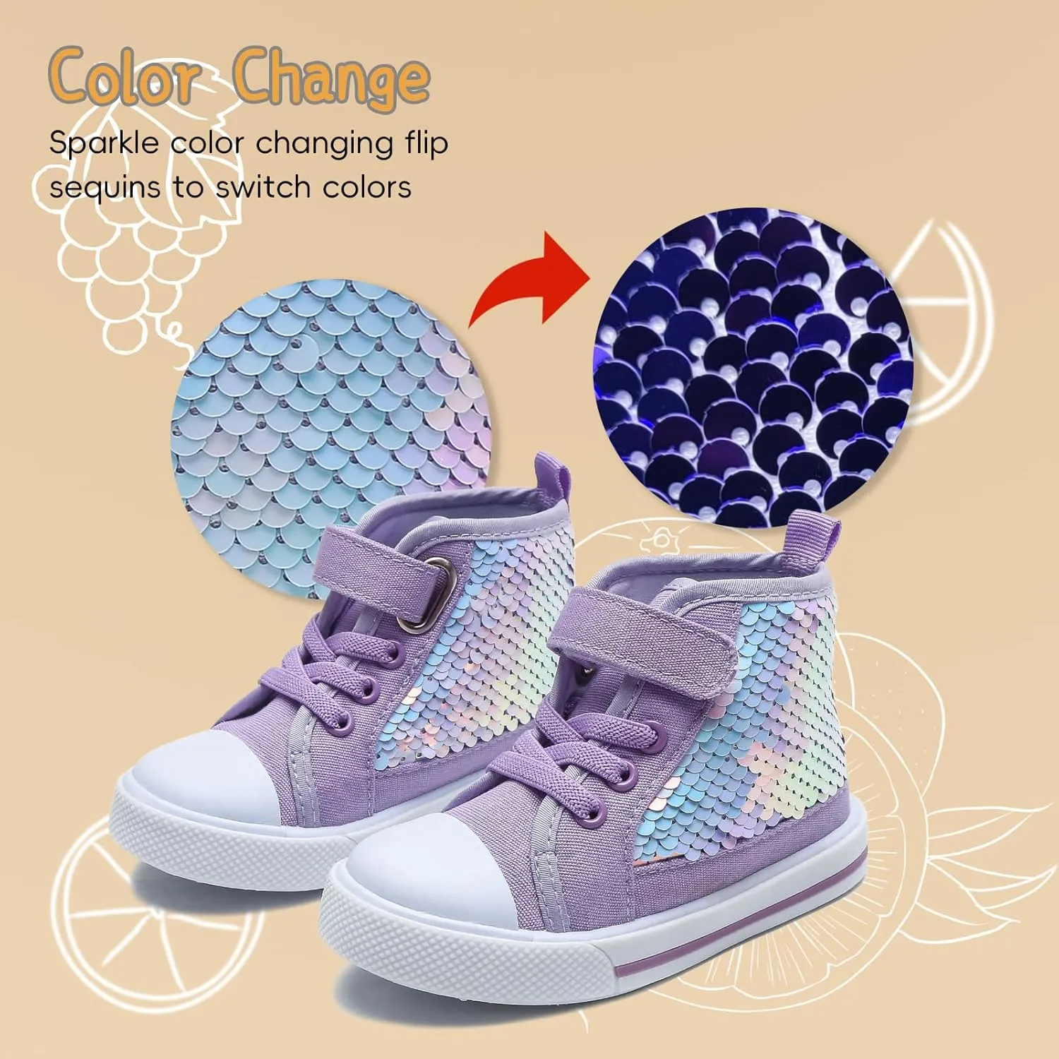 YIBLBOX Kids Sneakers for Boys and Girls Toddler Canvas High Top Walking Causal Shoes with Sparkle Color Change Flipping Sequins for Walking