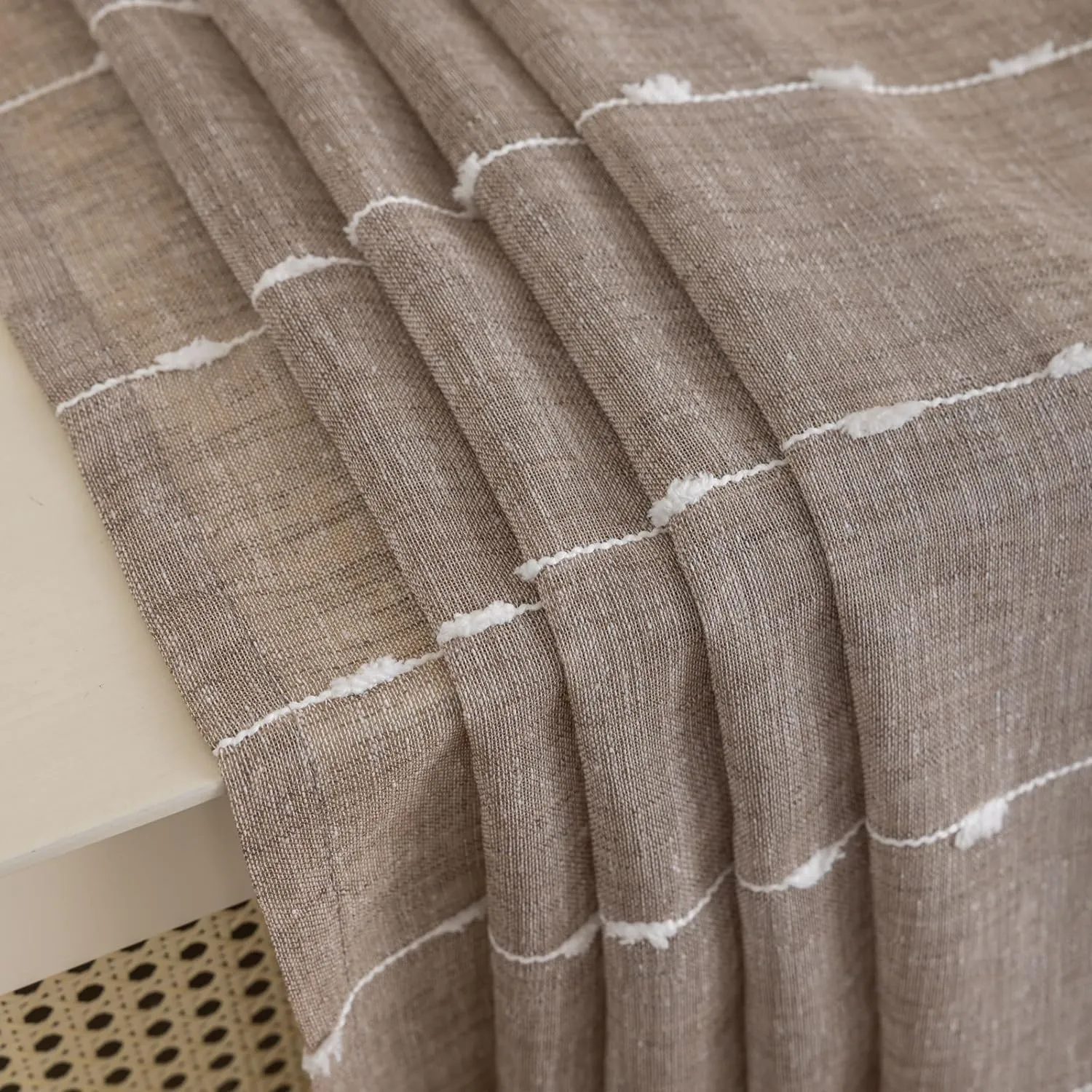 YJ YANJUN Linen Like Bohemian Curtains French Country Neutral Curtains for Living Room Farmhouse White Striped Embroidery Light Airy Brown Sheer Curtains for Bedroom Dining Room Nursery 52" W x 96"