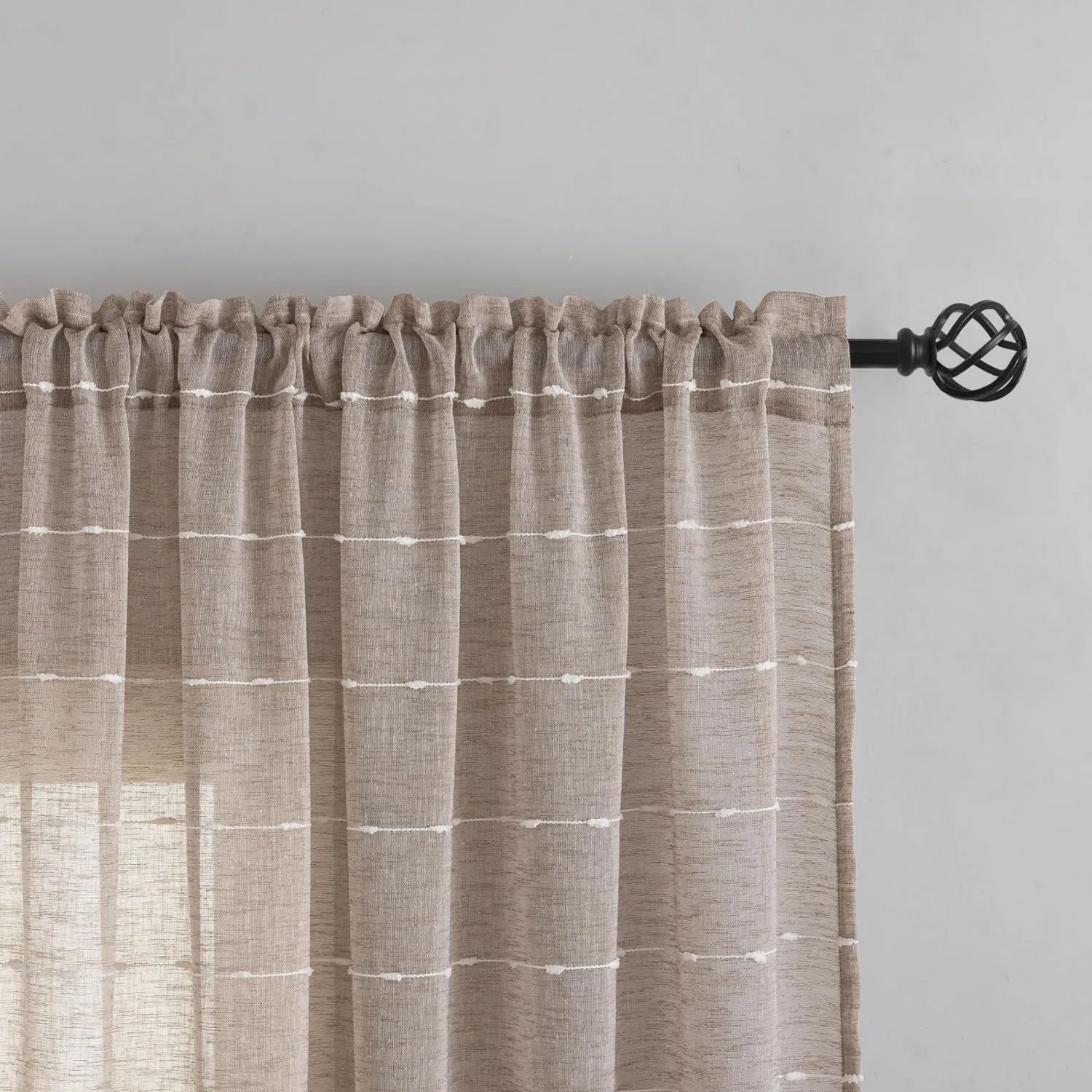 YJ YANJUN Linen Like Bohemian Curtains French Country Neutral Curtains for Living Room Farmhouse White Striped Embroidery Light Airy Brown Sheer Curtains for Bedroom Dining Room Nursery 52" W x 96"