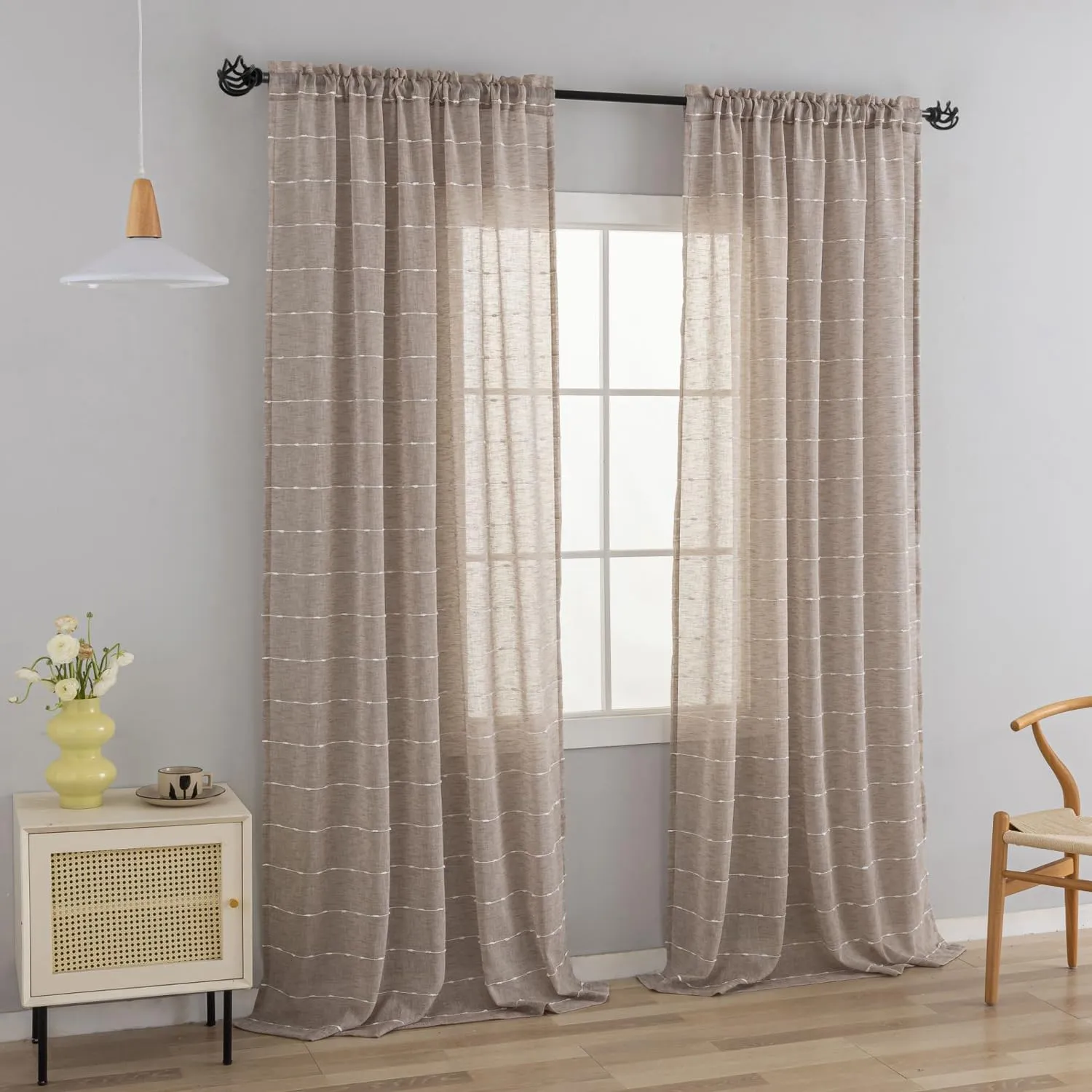 YJ YANJUN Linen Like Bohemian Curtains French Country Neutral Curtains for Living Room Farmhouse White Striped Embroidery Light Airy Brown Sheer Curtains for Bedroom Dining Room Nursery 52" W x 96"