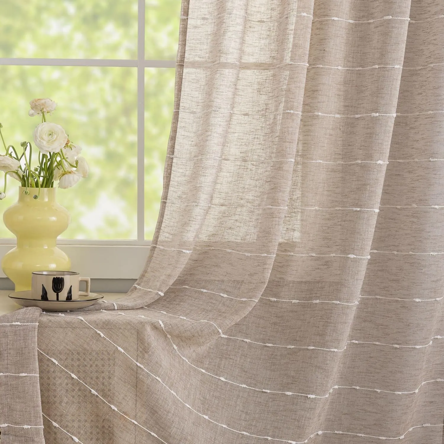 YJ YANJUN Linen Like Bohemian Curtains French Country Neutral Curtains for Living Room Farmhouse White Striped Embroidery Light Airy Brown Sheer Curtains for Bedroom Dining Room Nursery 52" W x 96"