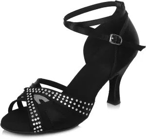 YKXLM Women Rhinestone Ballroom Dance Shoes Latin Performance Dance Shoes High Heel Practice Dancing Shoes