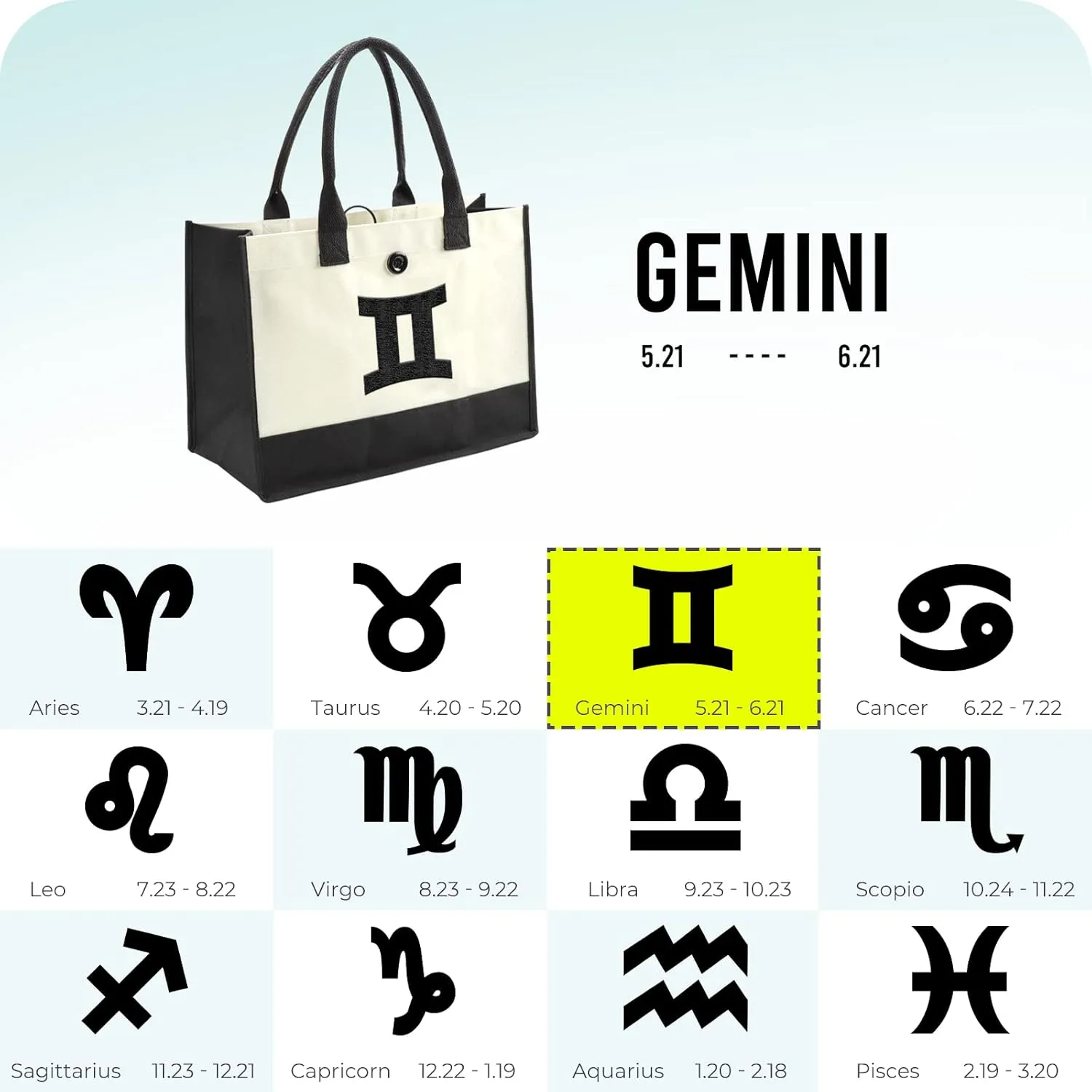 YOOFAN Canvas Tote Bag - Personalized 12 Zodiac Signs Bag, Birthday Gift for Women, Anniversary, Bridal Shower, Wedding, Mom and Daughter, Gemini