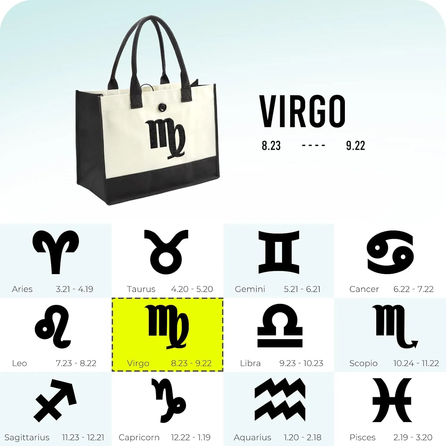 YOOFAN Canvas Tote Bag - Personalized 12 Zodiac Signs Bag, Birthday Gift for Women, Anniversary, Bridal Shower, Wedding, Mom and Daughter, Virgo