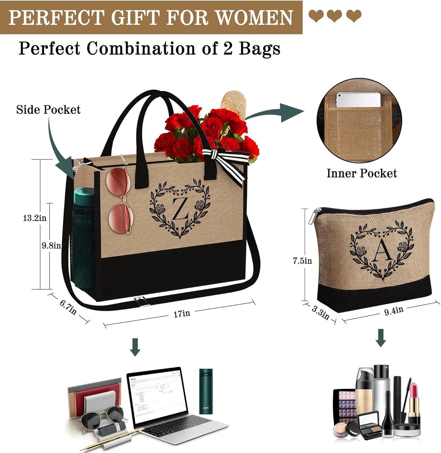 YOOLIFE Graduation Gifts for Her - Personalized Gifts for Women Birthday, Travel Beach Tote Bag with Makeup Bag, Teacher Appreciation Gift, Personalized Birthday Gift for Friend, Beach Tote Letter G