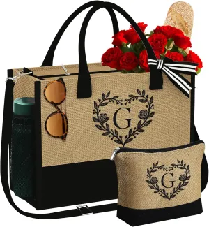 YOOLIFE Graduation Gifts for Her - Personalized Gifts for Women Birthday, Travel Beach Tote Bag with Makeup Bag, Teacher Appreciation Gift, Personalized Birthday Gift for Friend, Beach Tote Letter G