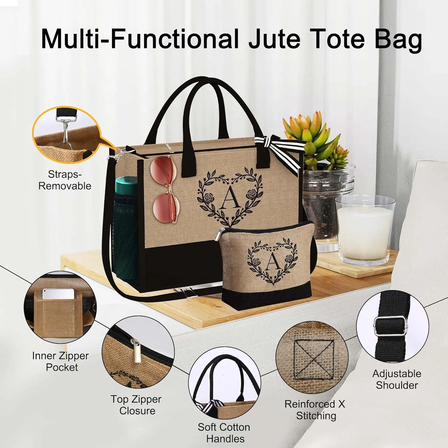 YOOLIFE Graduation Gifts for Her - Personalized Gifts for Women Birthday, Travel Beach Tote Bag with Makeup Bag, Teacher Appreciation Gift, Personalized Birthday Gift for Friend, Beach Tote Letter G