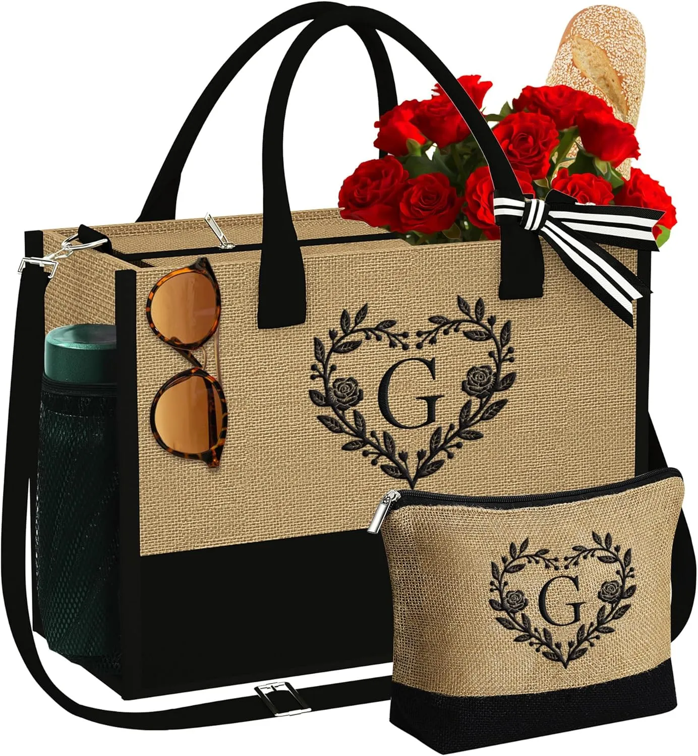 YOOLIFE Graduation Gifts for Her - Personalized Gifts for Women Birthday, Travel Beach Tote Bag with Makeup Bag, Teacher Appreciation Gift, Personalized Birthday Gift for Friend, Beach Tote Letter G
