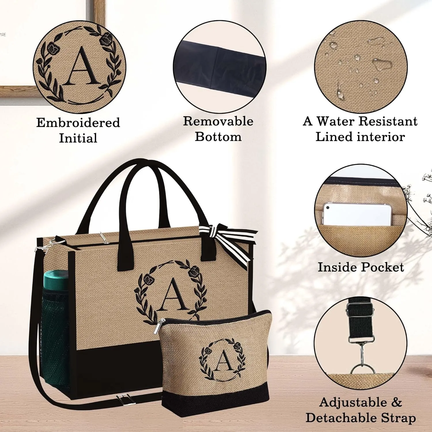 YOOLIFE Initial Jute Tote Bag & Makeup Bag, Personalized Birthday Gifts for Women Mom Daughter Sister Friends Teacher, Bridesmaid Wedding Gifts