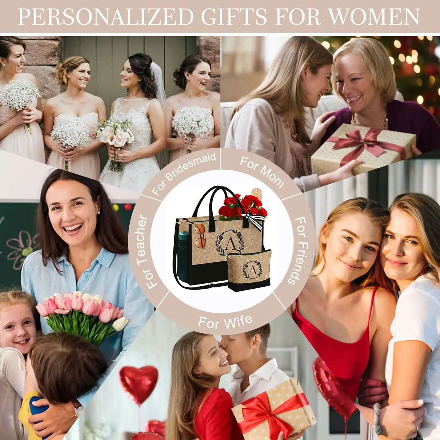 YOOLIFE Initial Jute Tote Bag & Makeup Bag, Personalized Birthday Gifts for Women Mom Daughter Sister Friends Teacher, Bridesmaid Wedding Gifts