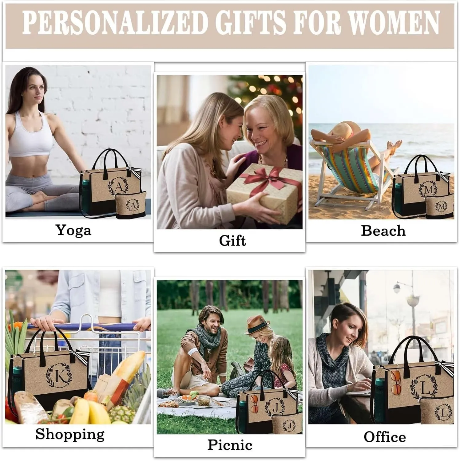 YOOLIFE Initial Jute Tote Bag & Makeup Bag, Personalized Birthday Gifts for Women Mom Daughter Sister Friends Teacher, Bridesmaid Wedding Gifts