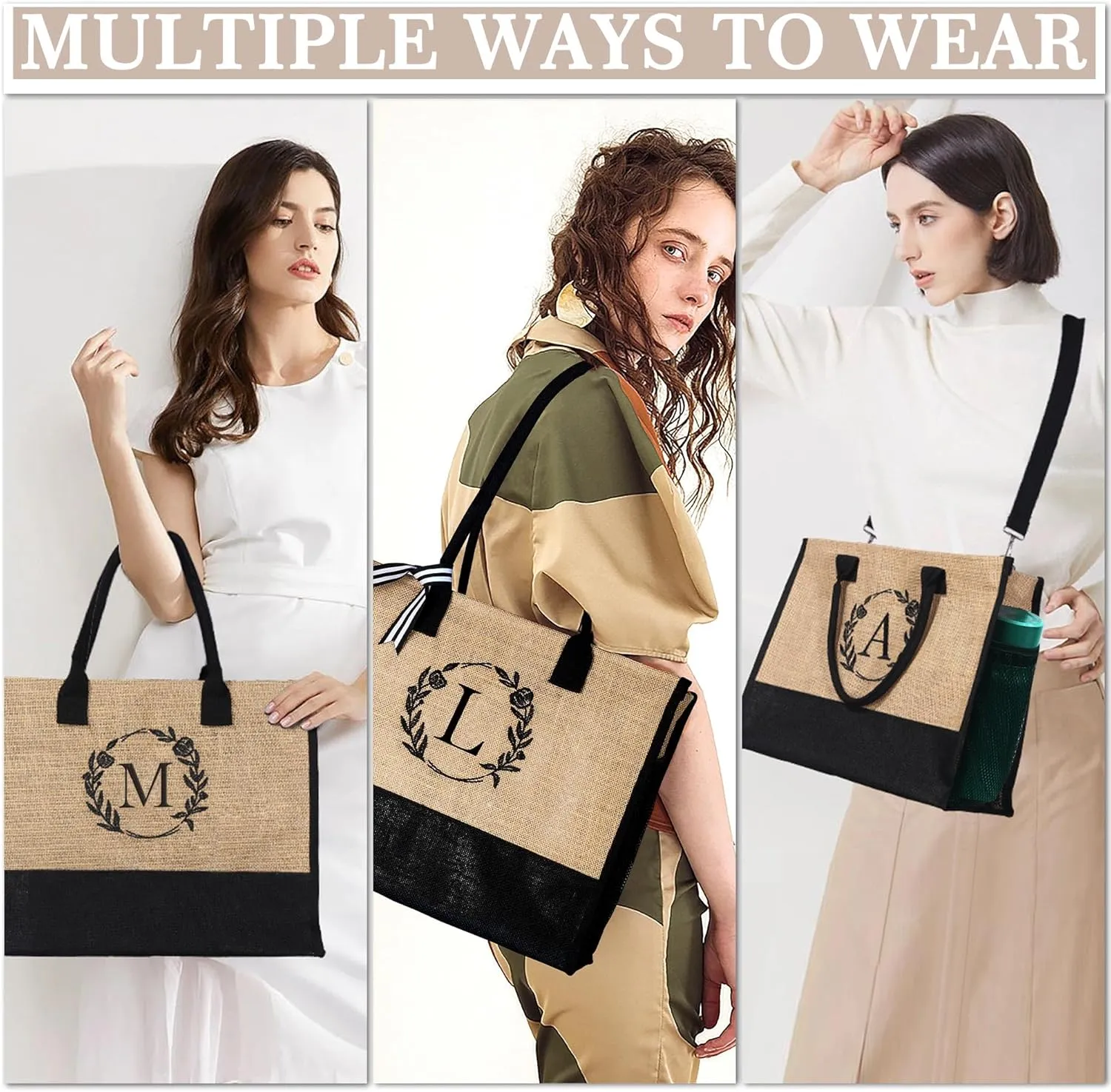 YOOLIFE Initial Jute Tote Bag & Makeup Bag, Personalized Birthday Gifts for Women Mom Daughter Sister Friends Teacher, Bridesmaid Wedding Gifts
