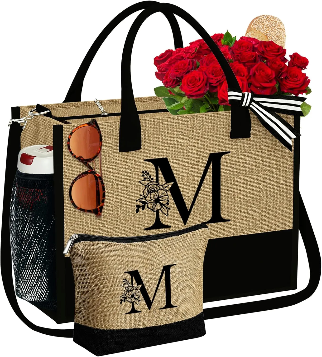 YOOLIFE Jute Initial Tote Bag Makeup Bag Monogram Tote Bag with Zipper Personalized Friend Gifts Birthday Gifts for Women Her