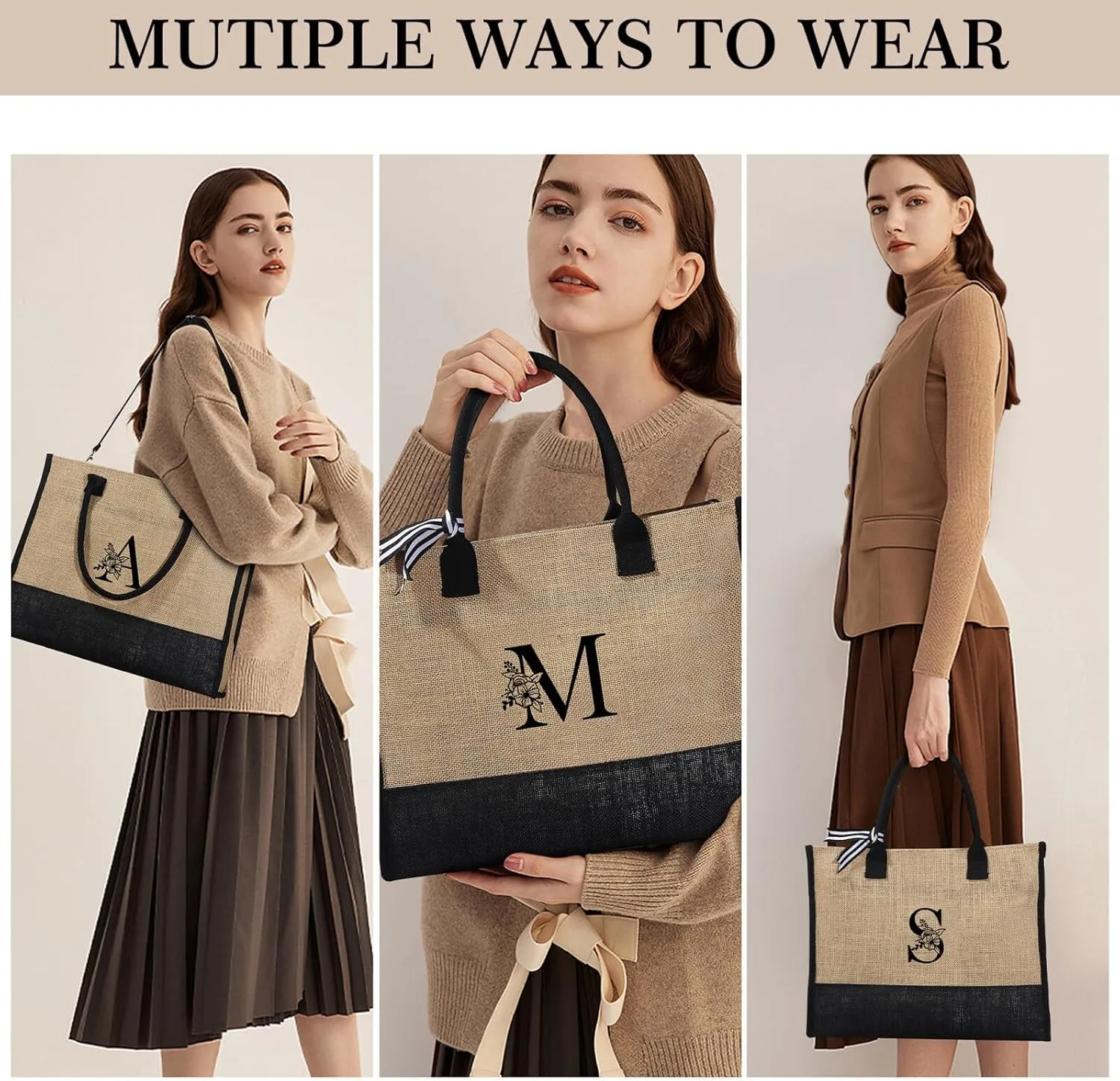 YOOLIFE Jute Initial Tote Bag Makeup Bag Monogram Tote Bag with Zipper Personalized Friend Gifts Birthday Gifts for Women Her