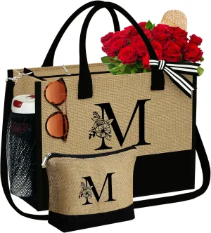 YOOLIFE Jute Initial Tote Bag Makeup Bag Monogram Tote Bag with Zipper Personalized Friend Gifts Birthday Gifts for Women Her