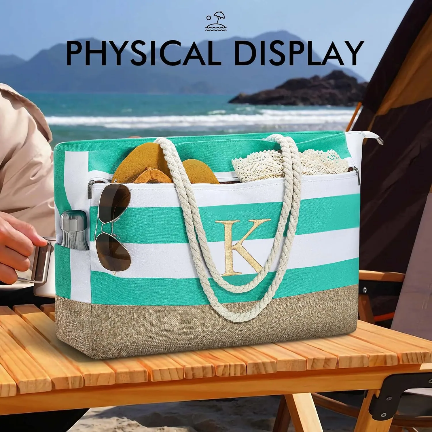 YOOLIFE Large Initial Beach Bag Waterproof Tote Zipper Bag Personalized Gifts for Women Her Birthday Travel Beach Essential