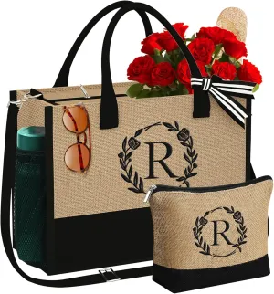 YOOLIFE Mothers Day Gifts for Women - Initial Jute Tote Bag & Makeup Bag, Birthday Gifts for Women Mom Wife Teacher Friend