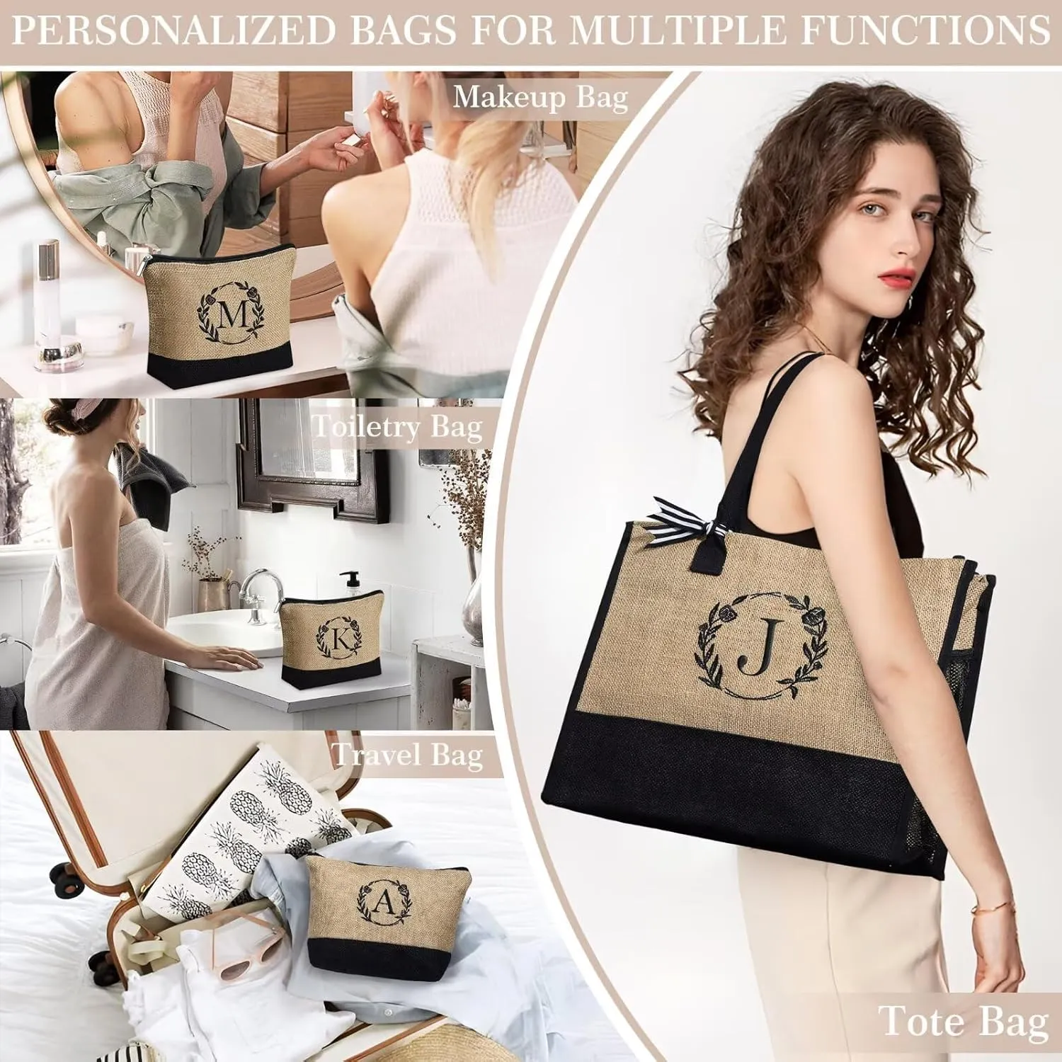 YOOLIFE Mothers Day Gifts for Women - Initial Jute Tote Bag & Makeup Bag, Birthday Gifts for Women Mom Wife Teacher Friend