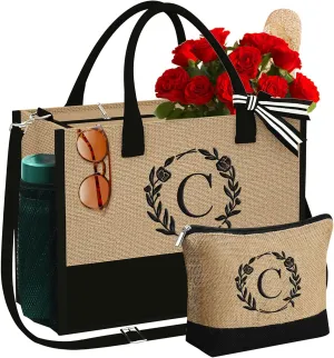 YOOLIFE Mothers Day Gifts for Women - Initial Jute Tote Bag & Makeup Bag, Birthday Gifts for Women Mom Wife Teacher Friend