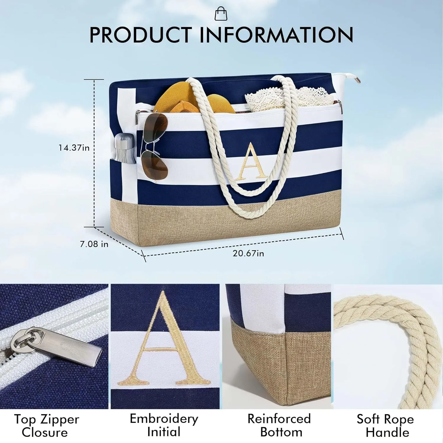 YOOLIFE Mothers Day Gifts - Initial Beach Bags for Women, Personalized Gifts for Women Mom Wife Teacher Friend Birthday