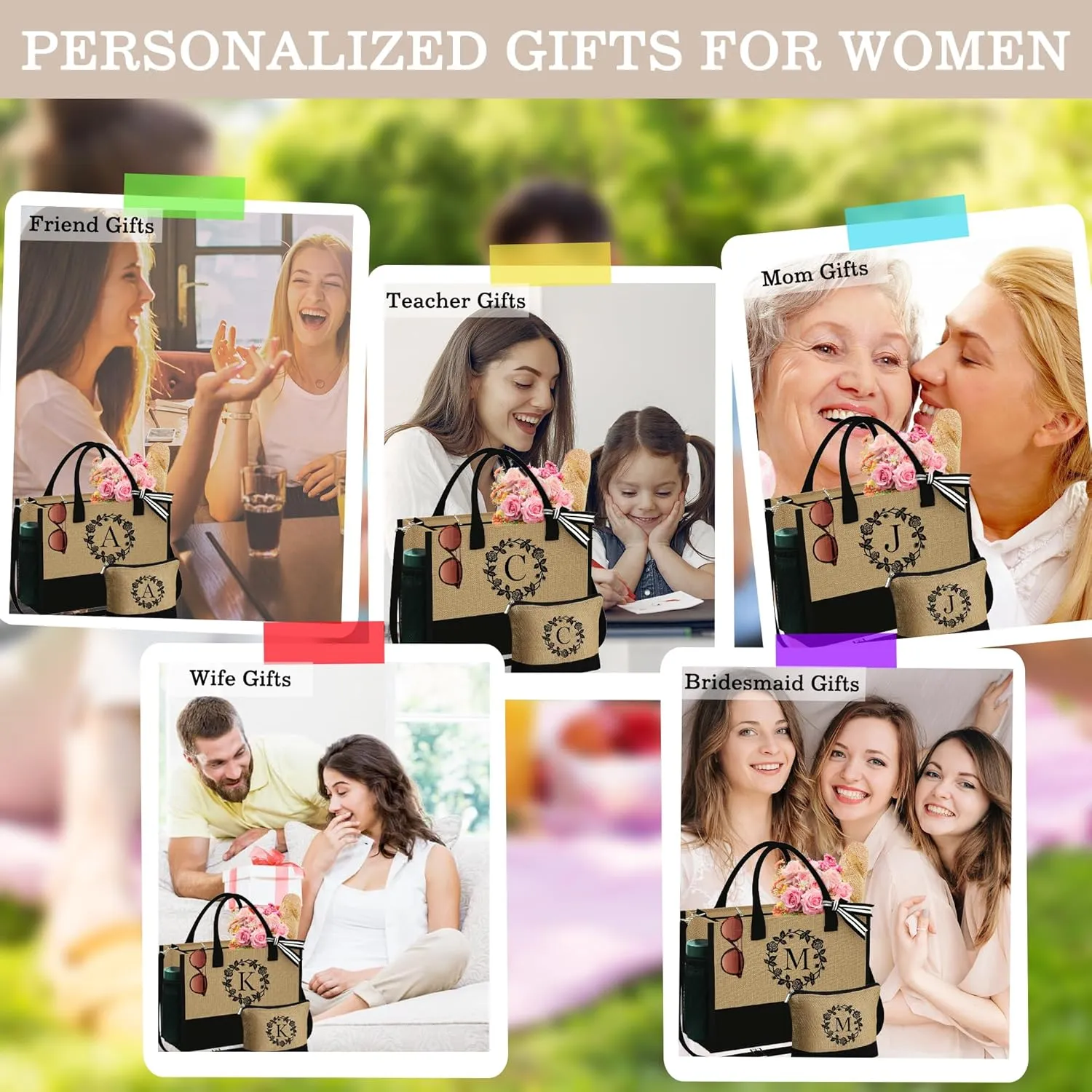 YOOLIFE Mothers Day Gifts - Initial Jute Tote Bag & Makeup Bag, Personalized Gifts for Women Mom Wife Teacher Friend Birthday