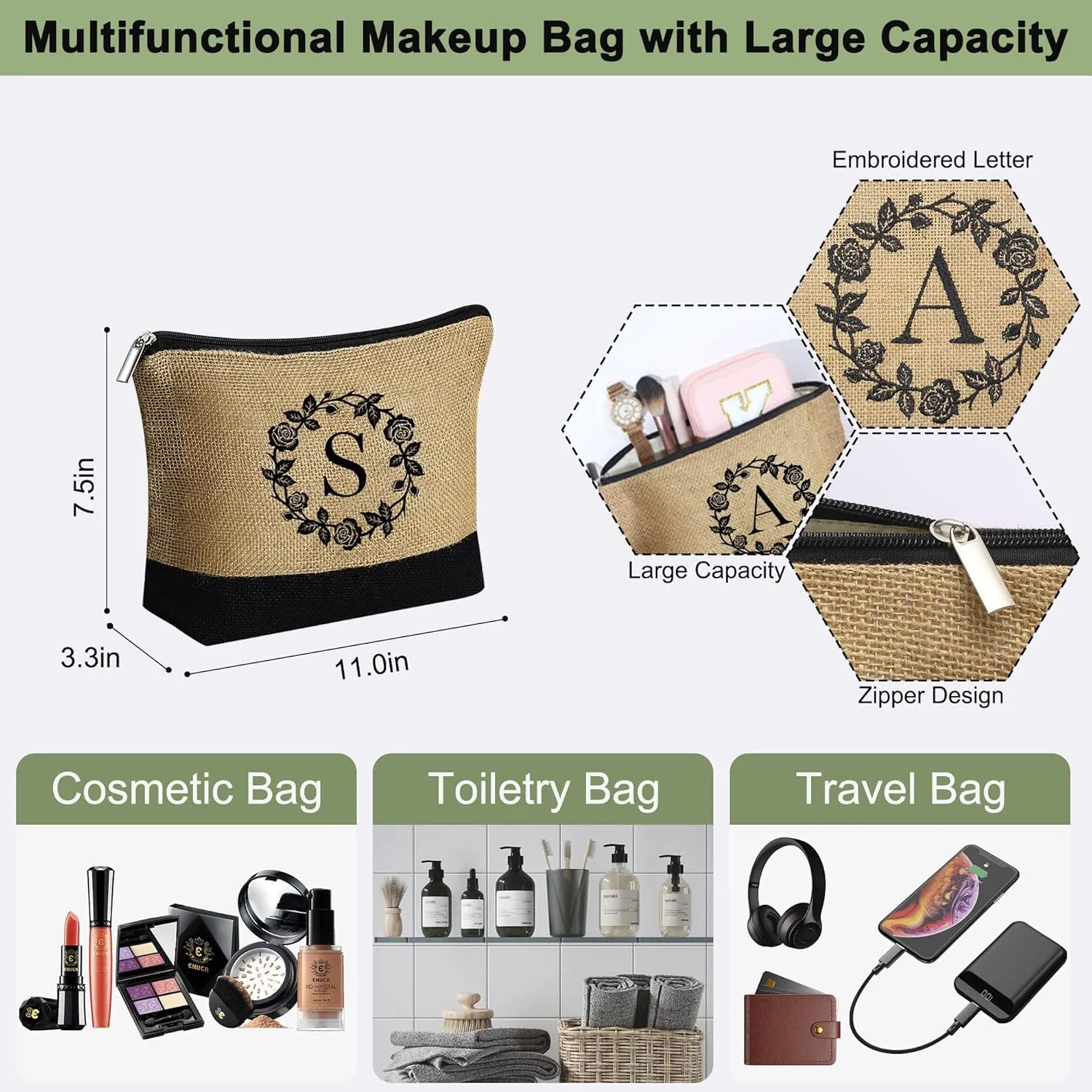 YOOLIFE Mothers Day Gifts - Initial Jute Tote Bag & Makeup Bag, Personalized Gifts for Women Mom Wife Teacher Friend Birthday