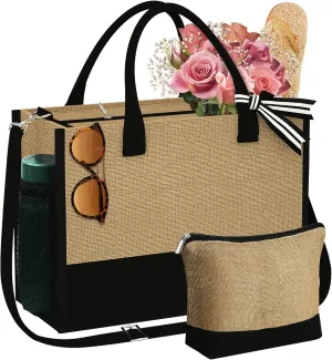 YOOLIFE Mothers Day Gifts - Initial Jute Tote Bag & Makeup Bag, Personalized Gifts for Women Mom Wife Teacher Friend Birthday