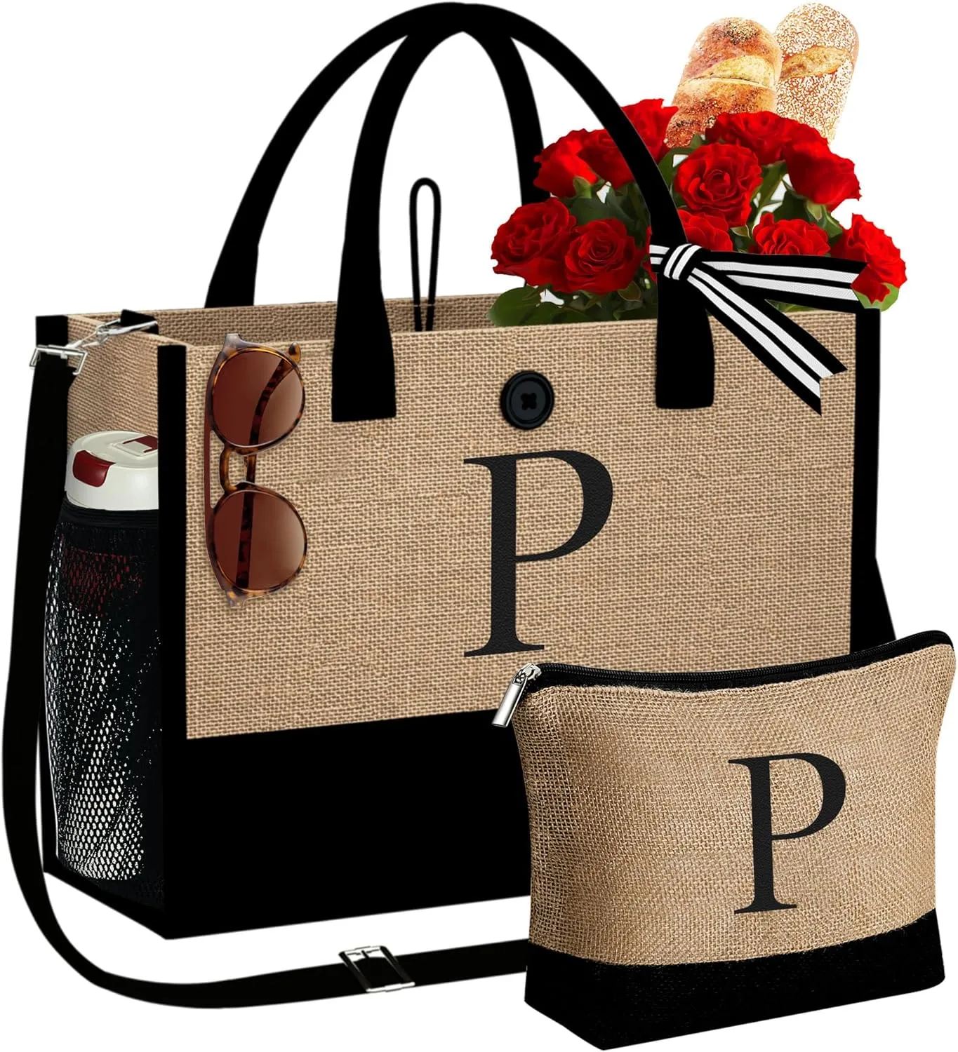 YOOLIFE Mothers Day Gifts - Initial Jute Tote Bag & Makeup Bag, Personalized Gifts for Women Mom Wife Teacher Friend Birthday