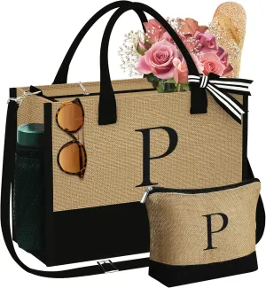 YOOLIFE Mothers Day Gifts - Initial Jute Tote Bag & Makeup Bag, Personalized Gifts for Women Mom Wife Teacher Friend Birthday