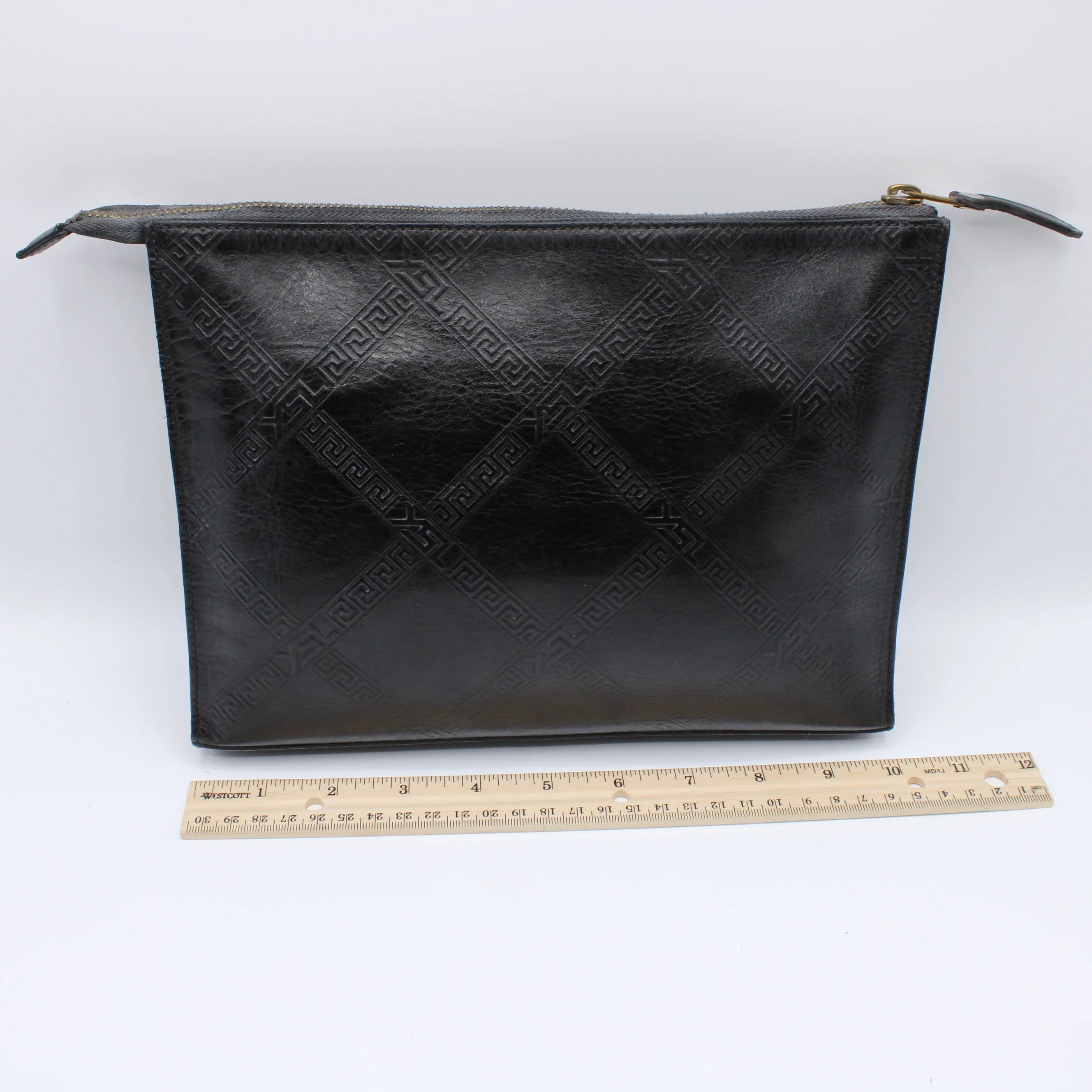 Yves Saint Laurent Clutch Black Leather Pouch Geometric Embossing YSL Vintage