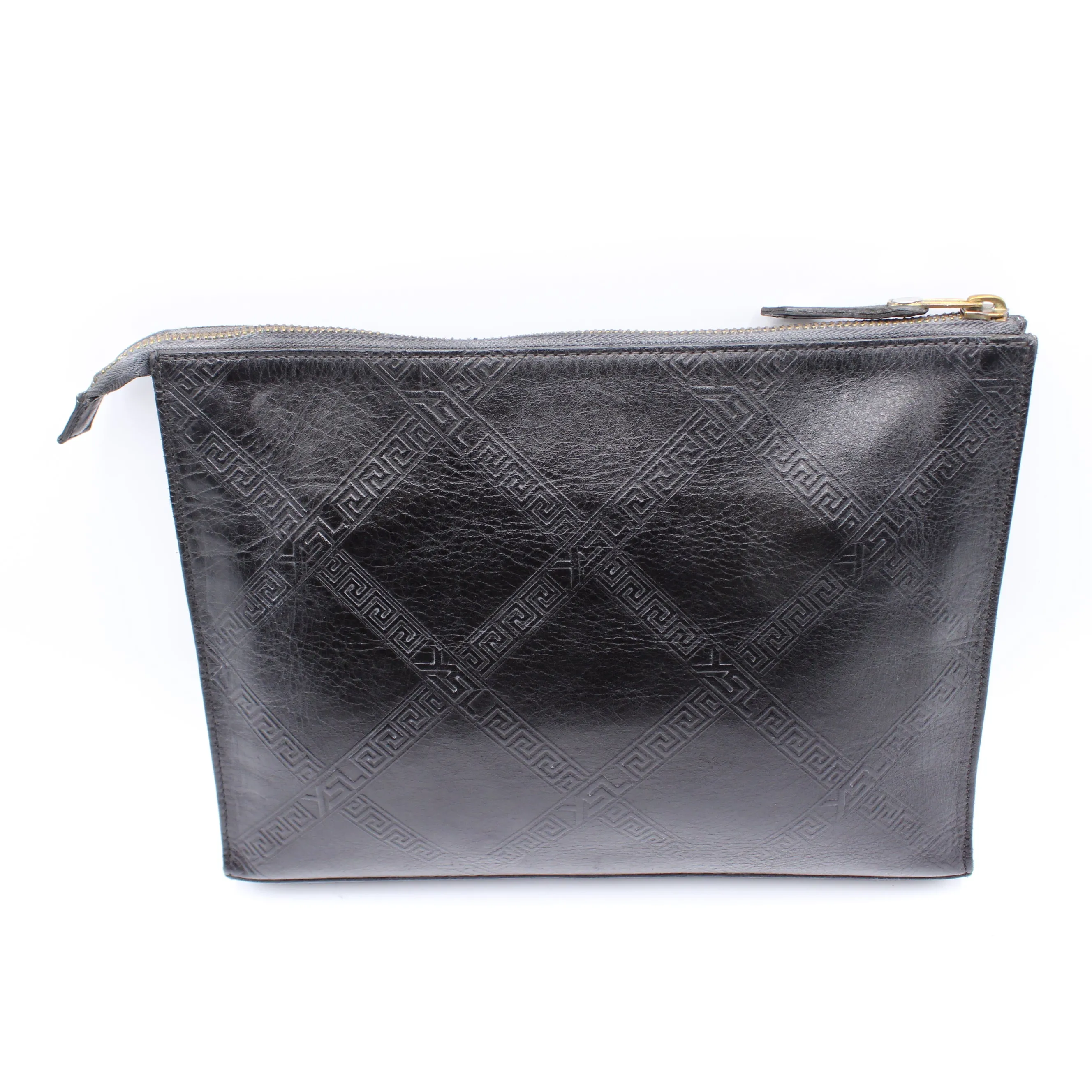 Yves Saint Laurent Clutch Black Leather Pouch Geometric Embossing YSL Vintage