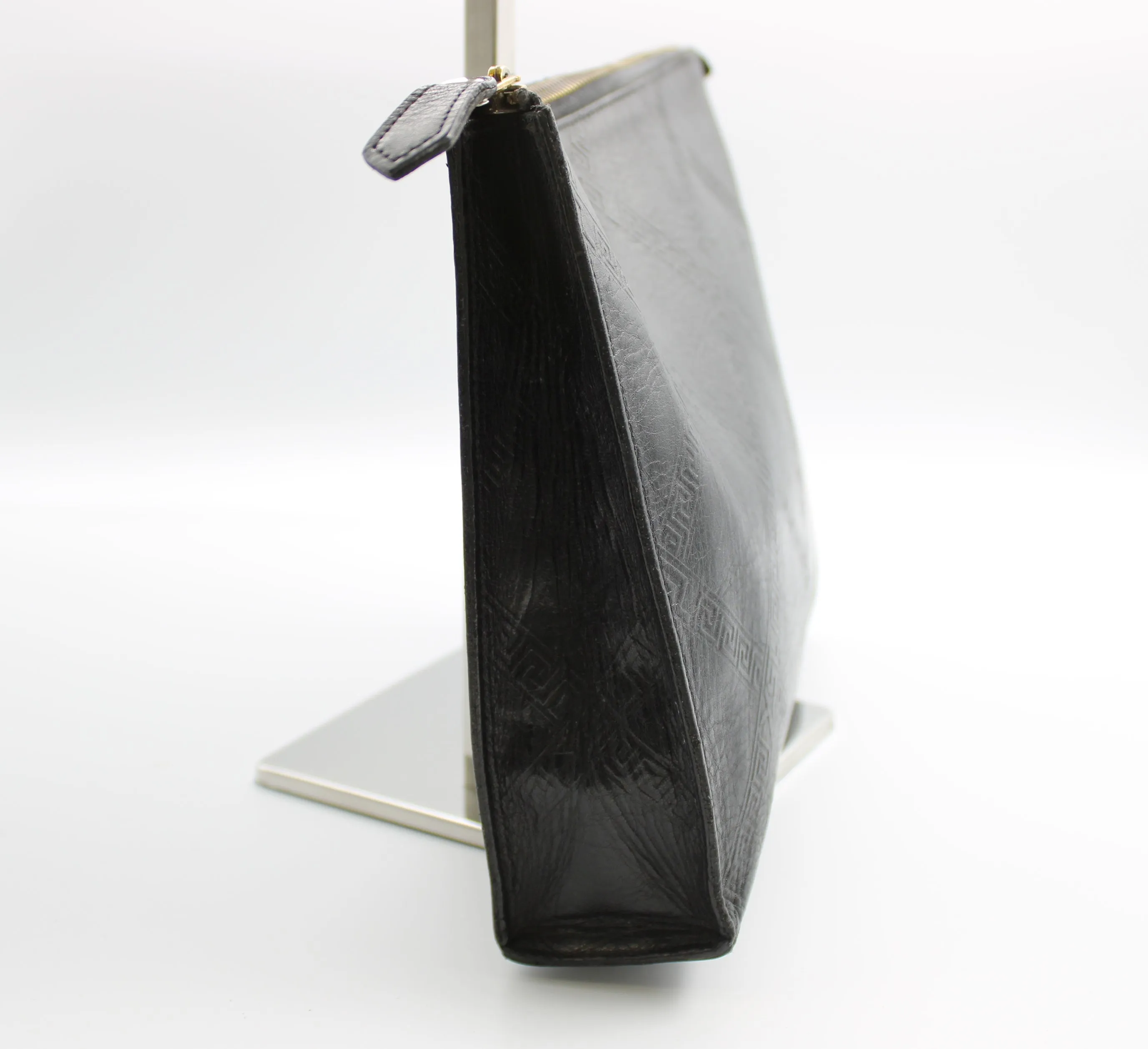 Yves Saint Laurent Clutch Black Leather Pouch Geometric Embossing YSL Vintage