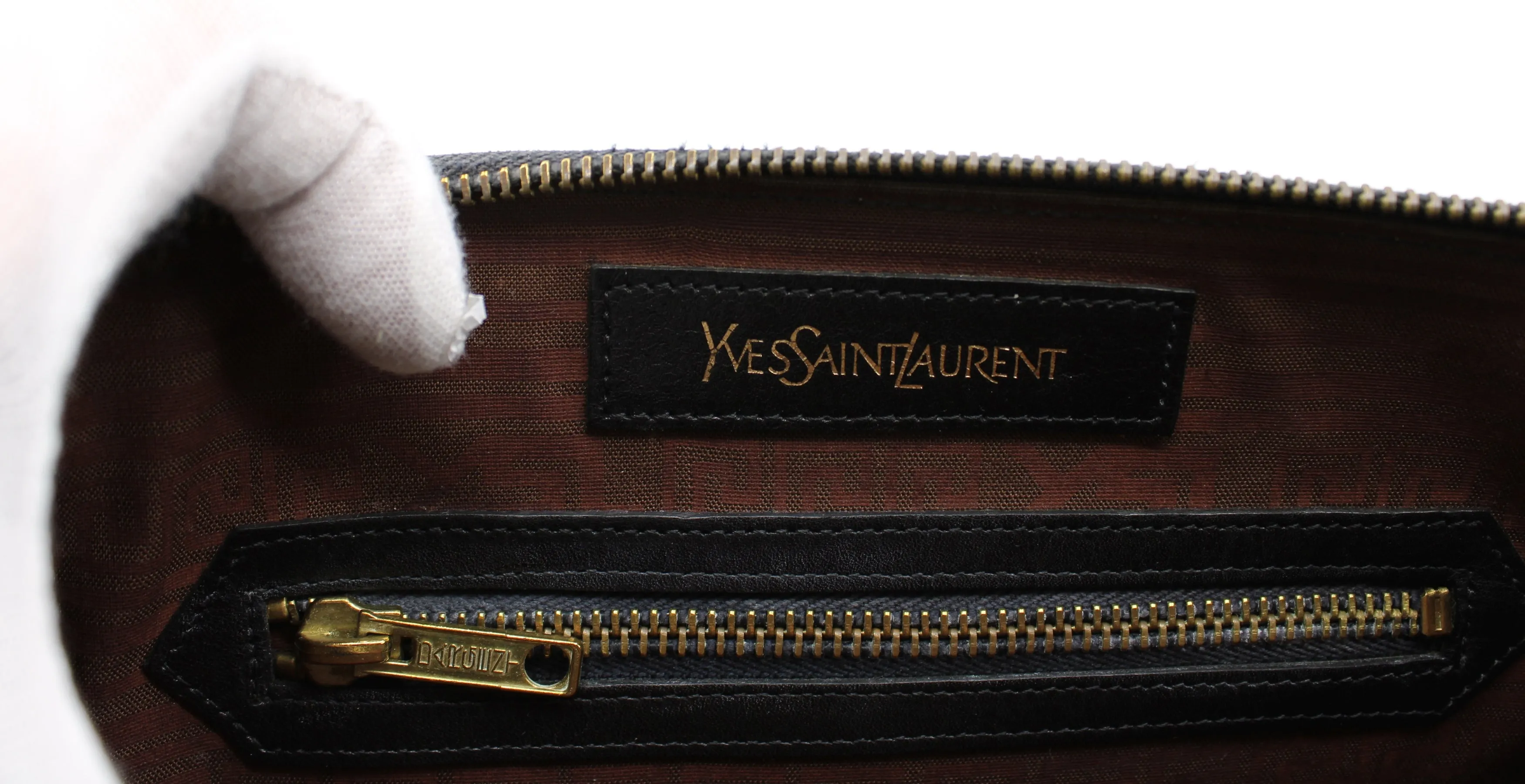 Yves Saint Laurent Clutch Black Leather Pouch Geometric Embossing YSL Vintage