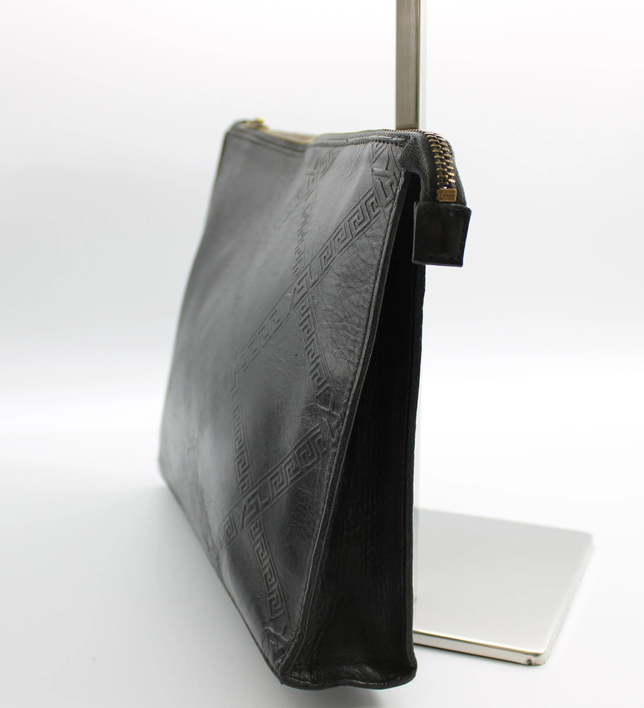 Yves Saint Laurent Clutch Black Leather Pouch Geometric Embossing YSL Vintage