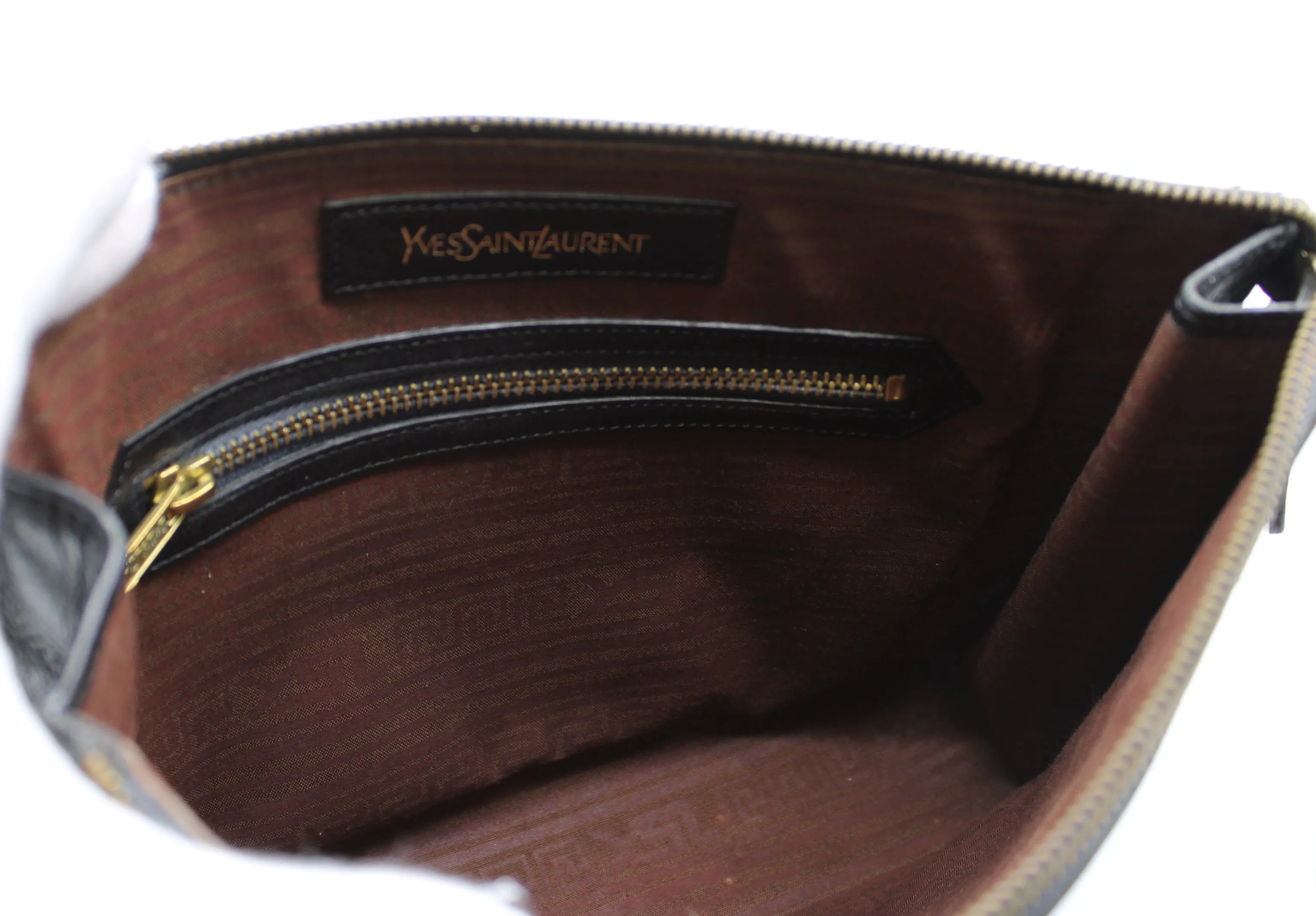 Yves Saint Laurent Clutch Black Leather Pouch Geometric Embossing YSL Vintage
