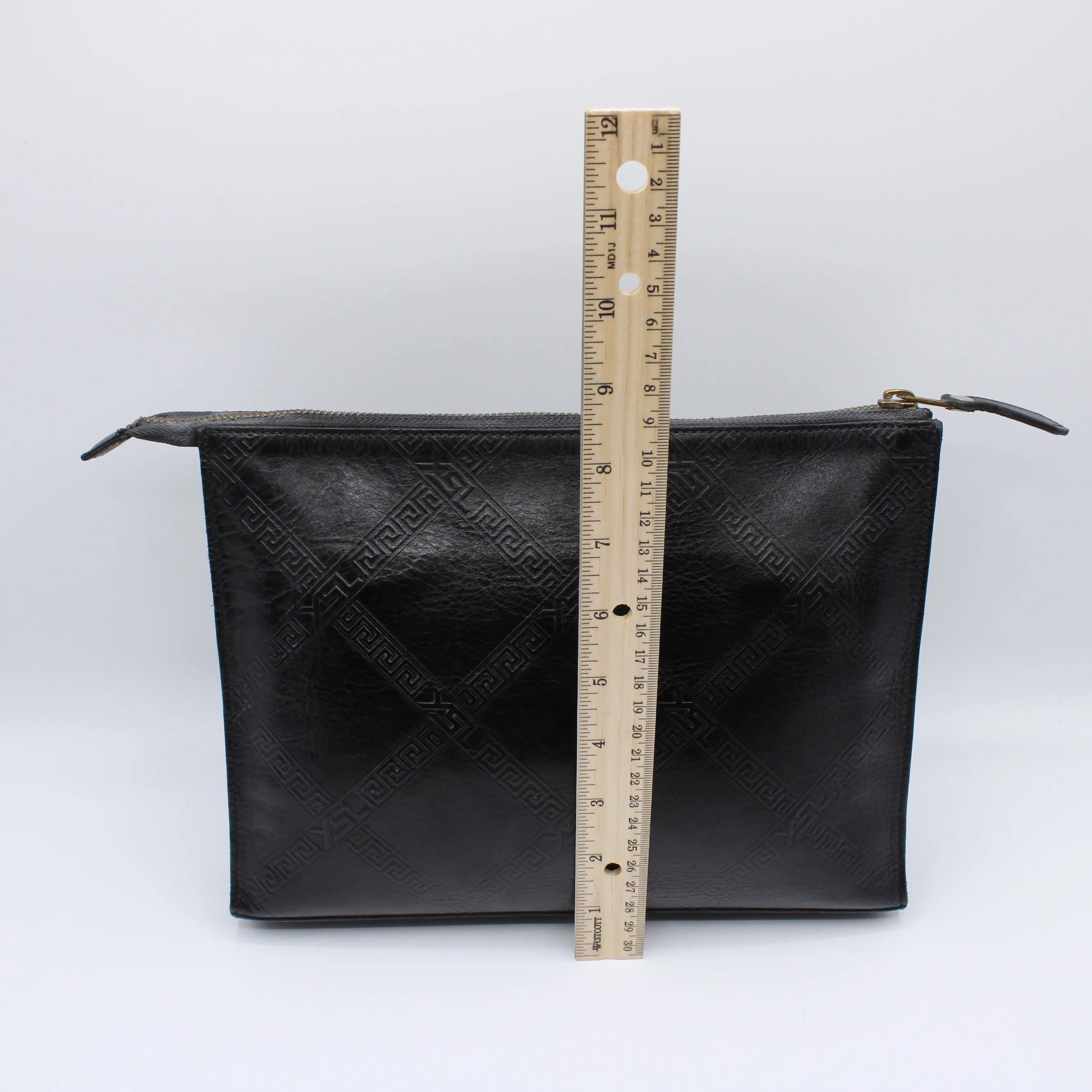 Yves Saint Laurent Clutch Black Leather Pouch Geometric Embossing YSL Vintage